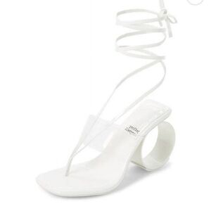 Jeffrey Campbell Nonagon White Patent Sculptural Circle Heel Lace-Up Sandals 7.5